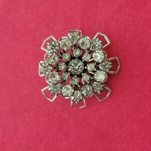 Vintage Clear Rhinestones Floral Brooch Pin MCM Silver Tone Flower Prong Set